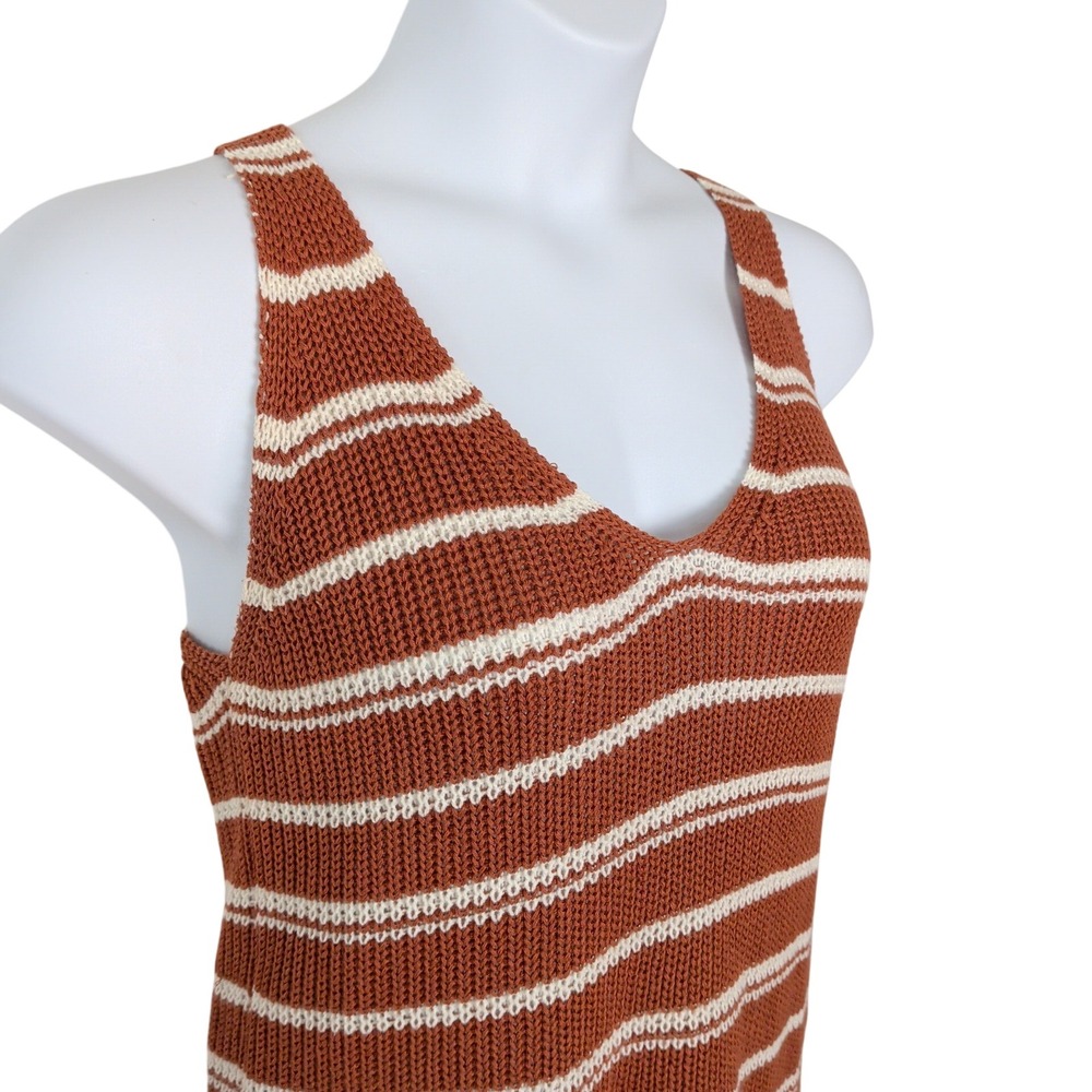 Boho Earthy Coastal Rust Orange White Striped Knit V-Neck Tank Top Medium